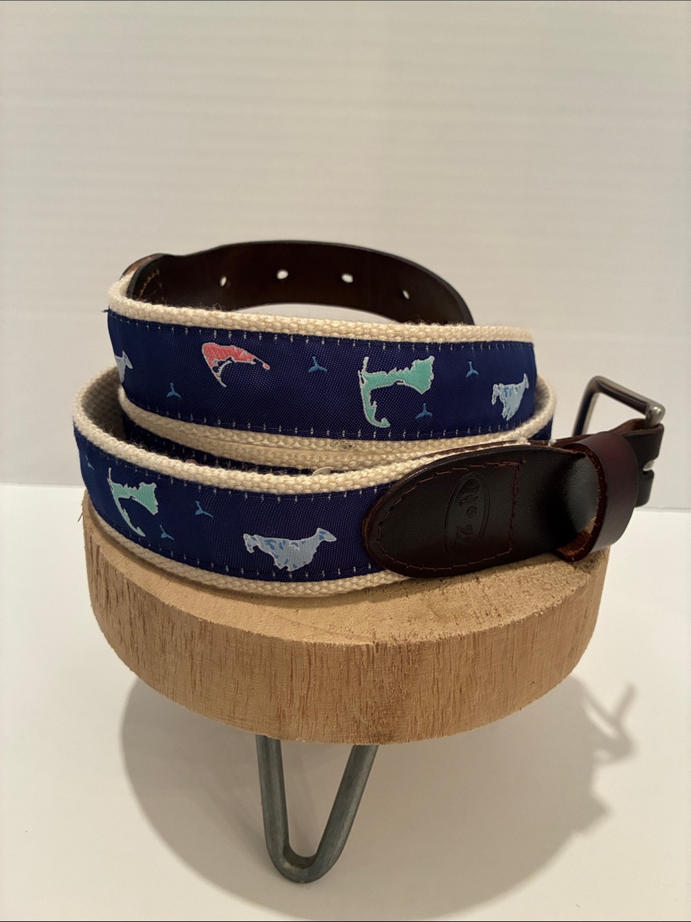 No. 27 Nantucket Island Map Ribbon Canvas and Leather Tab Belt Size 42